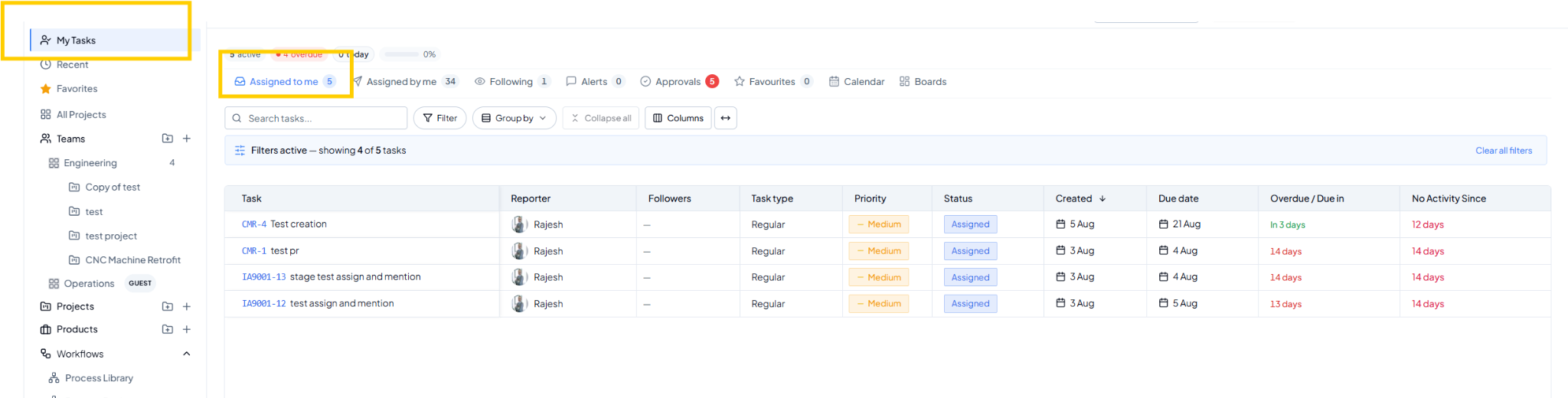 My Tasks view showing tabs for assigned, following, and approvals, with filters and grouping